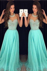 Chiffon Fashion O Neck Long Prom Dresses with Beading, Party Dresses